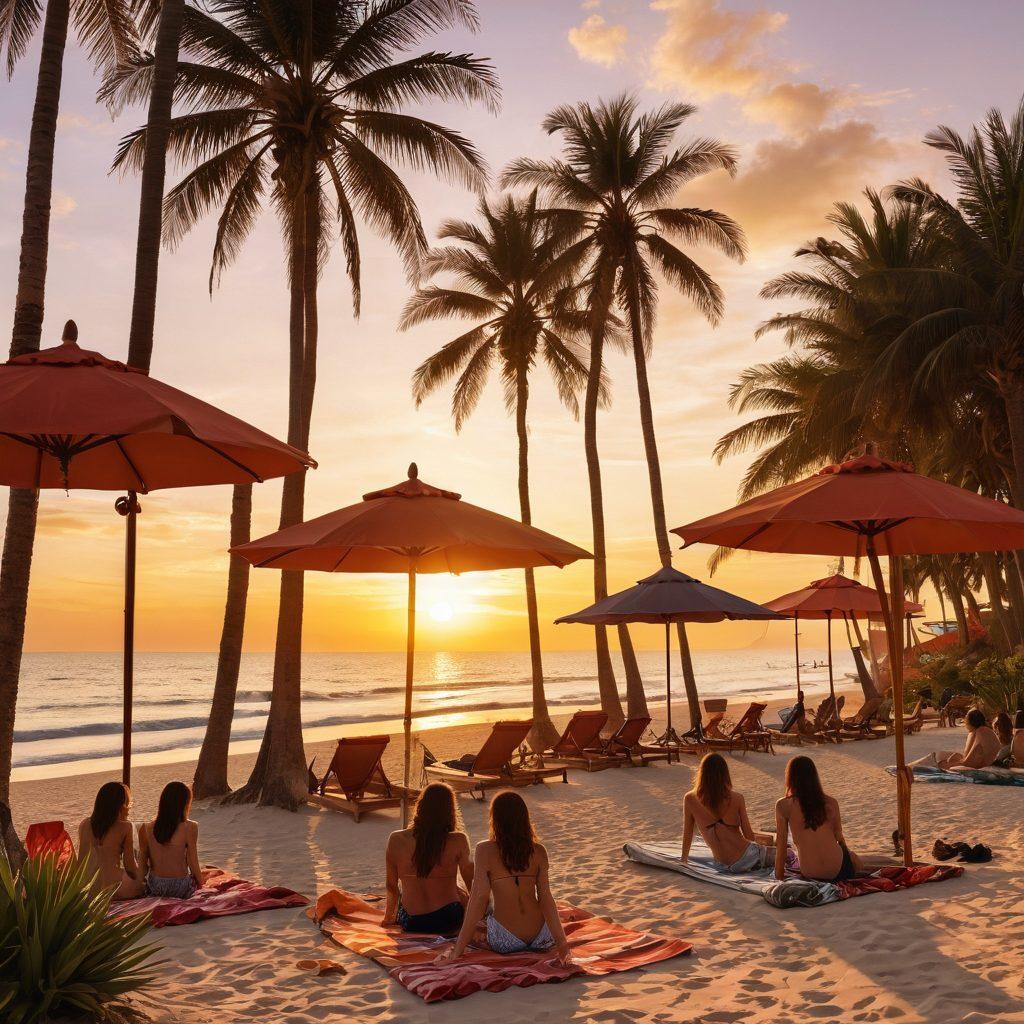 A vivid beach scene showcasing a diverse group of people in stylish beachwear, featuring flowing sarongs, trendy swimsuits, and oversized hats, surrounded by palm trees and colorful beach umbrellas. The sun is setting with warm hues, adding a magical glow to the atmosphere. Elements like sunglasses, beach towels, and a cocktail are included to emphasize leisure and style. hyper-realistic. vibrant colors. sunset backdrop.