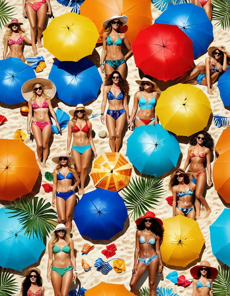 A vibrant beach scene featuring a diverse group of women showcasing 10 stylish bikinis, each with unique patterns and colors, on a sunny day. The background includes a golden sandy shore, sparkling blue ocean waves, and colorful beach umbrellas. Accessories like sun hats and sunglasses add flair. Enhance the atmosphere with tropical plants and beach balls. super-realistic. vibrant colors. summer vibe.